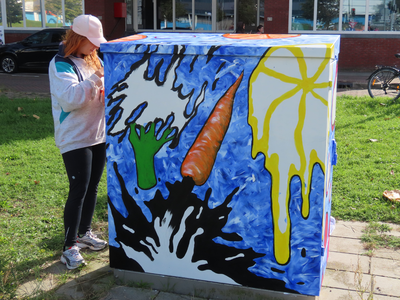 912098 Afbeelding van Melissa de Gier die een van de drie elektriciteitskastjes beschildert, op de hoek van de Van ...